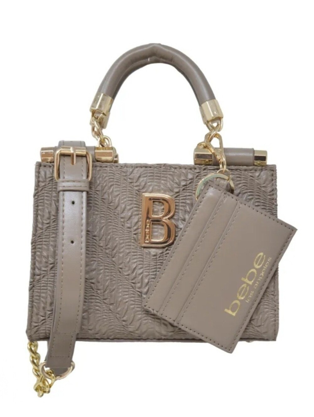 bebe Taupe Textured Nola Mini Satchel with Gold Hardware and Cardholder